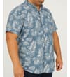 Thumbnail Angled front view of navy leaf print short sleeve shirt.